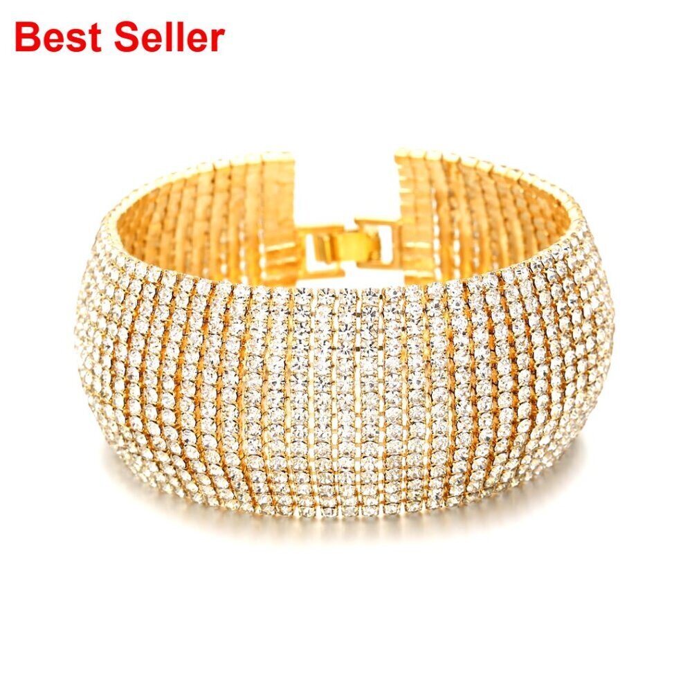 Chunky Gold Plated Rhinestone Bangle Bracelet for Women